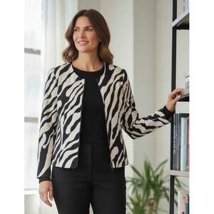 Investments Petites Zebra Print Zip Front Jacket Black White PM